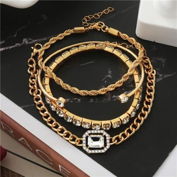 4 Piece Dainty Gold Bracelets Set for Women 14K Plated Link Cubic Zirconia - Picture 4 of 6